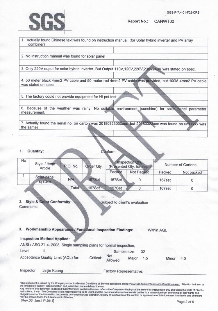 solar inverter system SGS certificate